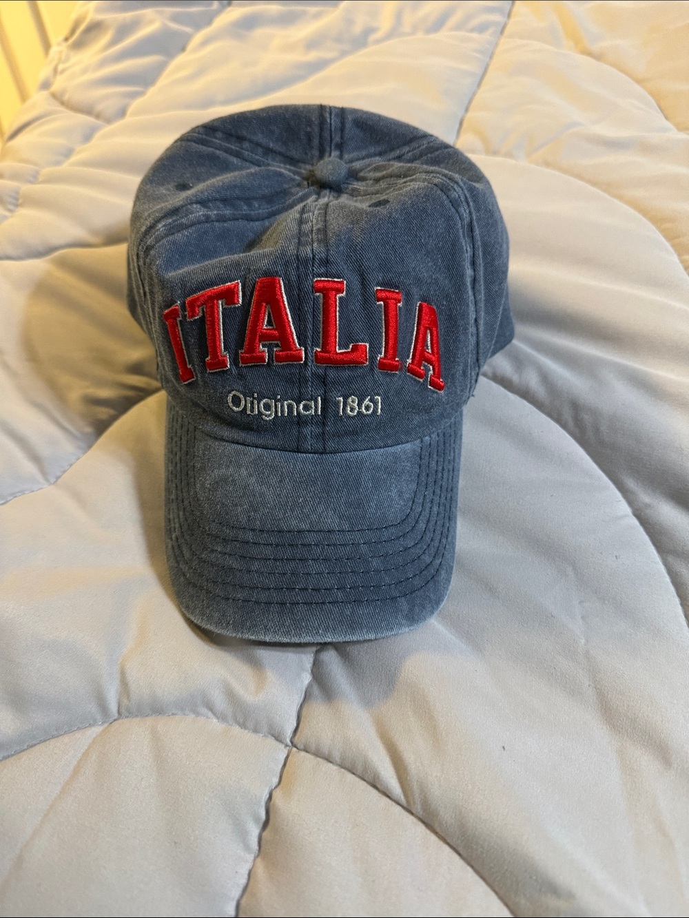 Italia Embroidered Denim-Style Baseball Cap - Blue with Red Lettering
